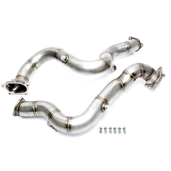 TA-Technix downpipe i rustfrit stål til Audi S7 og RS7 med bends og monteringsskruer på hvid baggrund