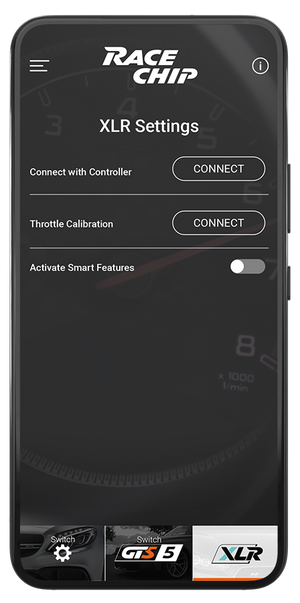 RaceChip plus-app med GTS5 og XLR-integrationsvisning