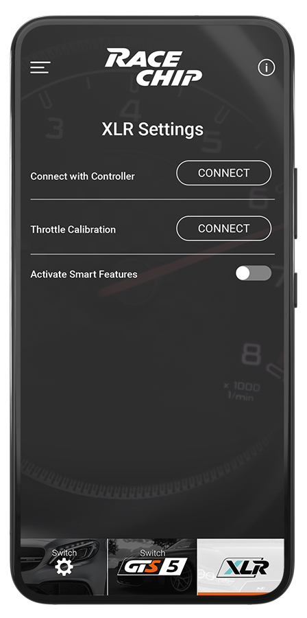 RaceChip plus-app med GTS5 og XLR-integrationsvisning