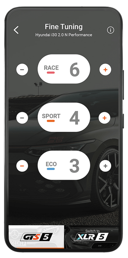 RaceChip plus-app med individuelle GTS5 finjusteringsniveauer