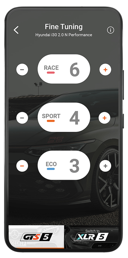 RaceChip plus-app med individuelle GTS5 finjusteringsniveauer